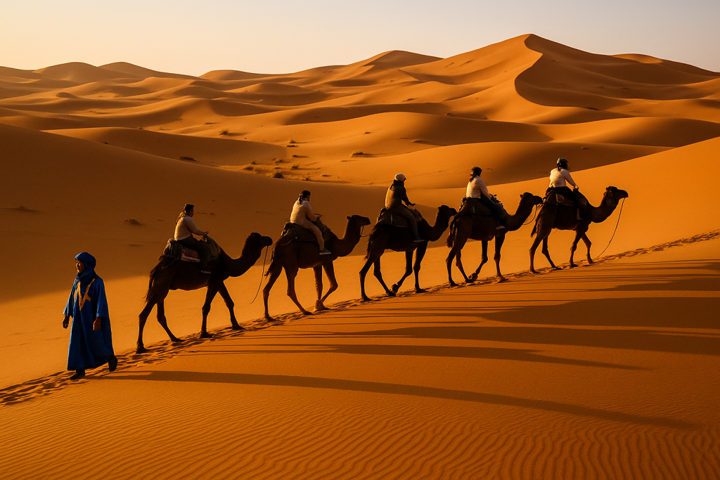Travelers exploring Sahara dunes on a Marrakech desert tour