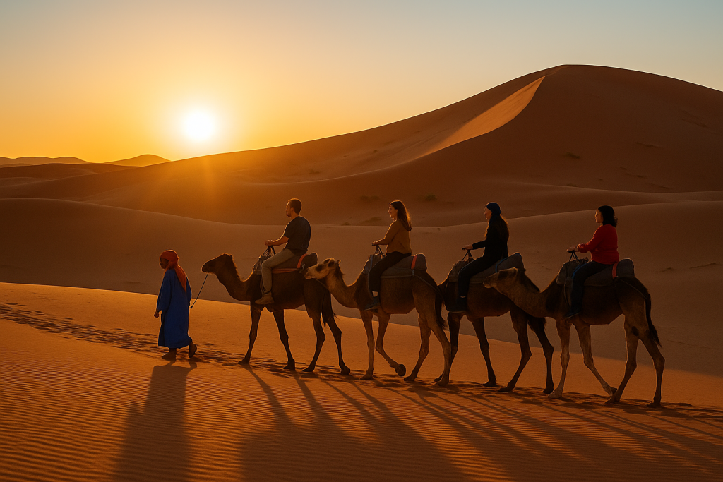 Camel caravan crossing the golden dunes of Erg Chebbi at sunset during the Marrakech Desert Tours 3 Days adventure