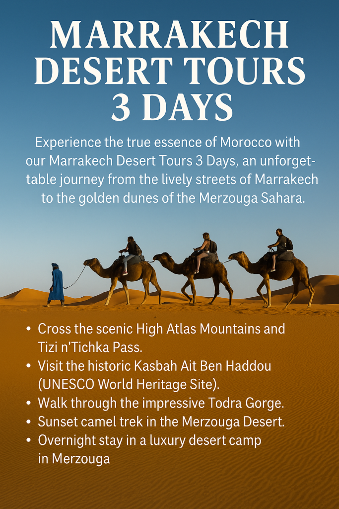 Camel caravan crossing the golden dunes of Erg Chebbi at sunset during the Marrakech Desert Tours 3 Days adventure