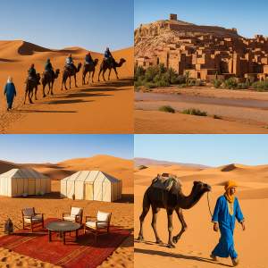 Morocco desert tour collage with camels, dunes, camp, and Ait Ben Haddou