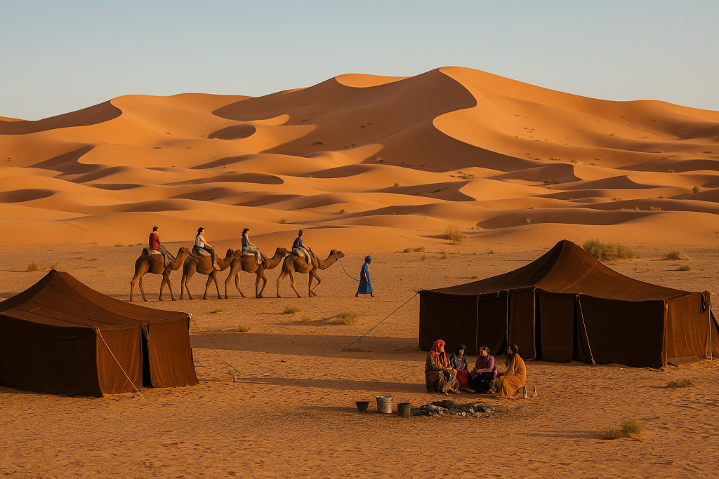 ravelers on camels during Desert Tours from Marrakech passing Berber tents in the Sahara Desert at sunset