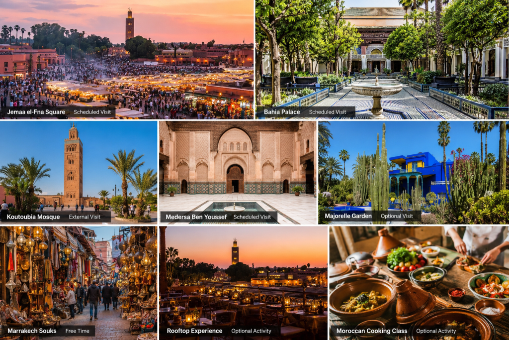 Marrakech travel collage featuring Jemaa el-Fna, Bahia Palace, Koutoubia Mosque, Ben Youssef Madrasa, and Marrakech souks