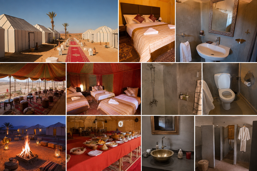 Luxury Moroccan desert camp with comfortable tents, bedrooms, lounge areas, and bathrooms