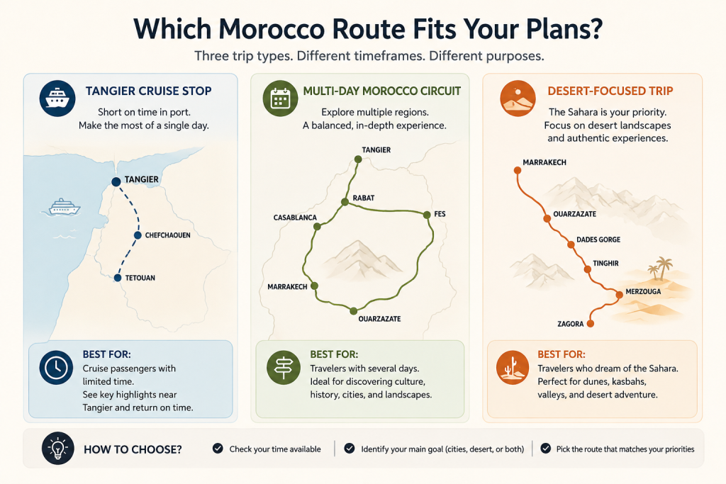 Simple Morocco travel decision infographic comparing a Tangier cruise stop, a multi-day Morocco circuit, and a desert-focused trip.