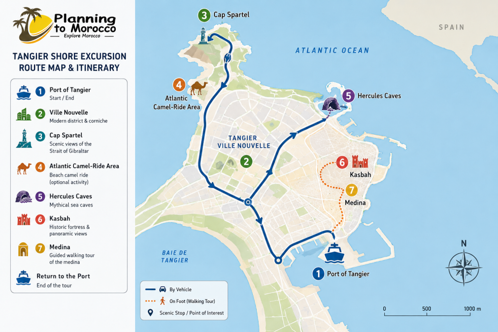 Tangier shore excursion route map showing the cruise port, Cap Spartel, Hercules Caves, Kasbah and Medina