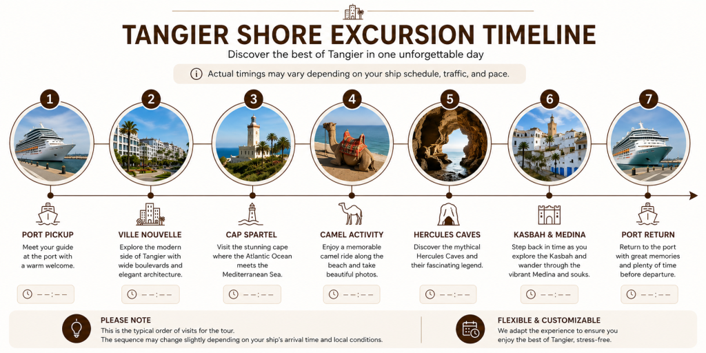 A visual Tangier shore excursion timeline showing port pickup, Ville Nouvelle, Cap Spartel, camel activity, Hercules Caves, Kasbah and Medina, and port return in sequence.